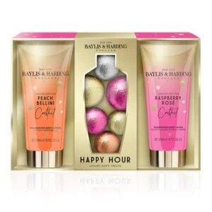 Baylis & Harding Cocktail Hour Peach Bellini Body Lotion 200ml, Raspberry Rose Body Wash 200ml & Bath Fizzers